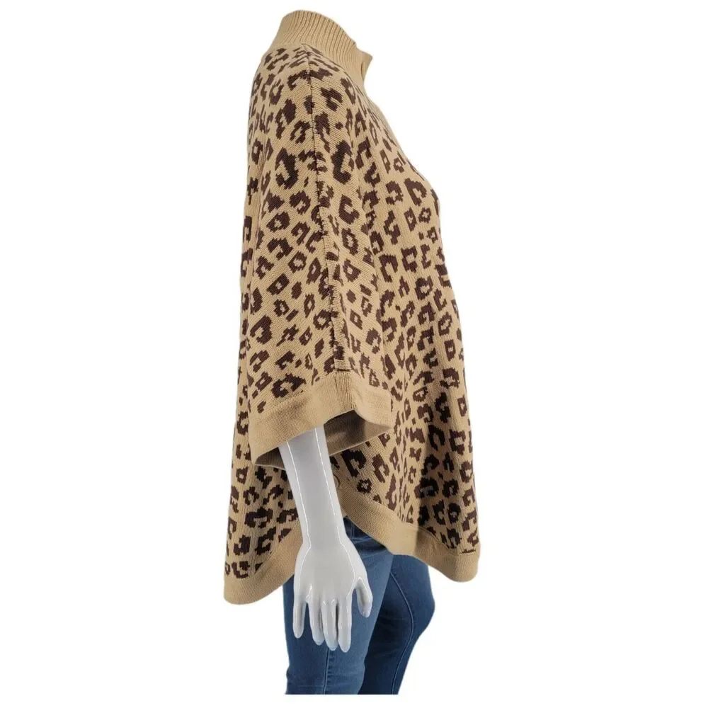 Denim Co Womens Poncho Buttoned Sweater Medium Size Beige Brown Animal Print - Picture 4 of 10